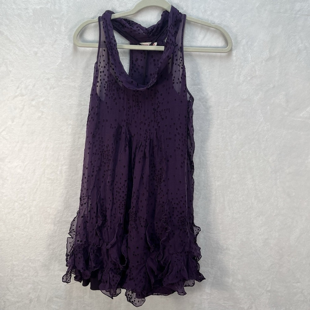 Rebecca Taylor Sleeveless Silk Dress Womens 4 Purple Ruffle Swiss Dot Whimsigoth
